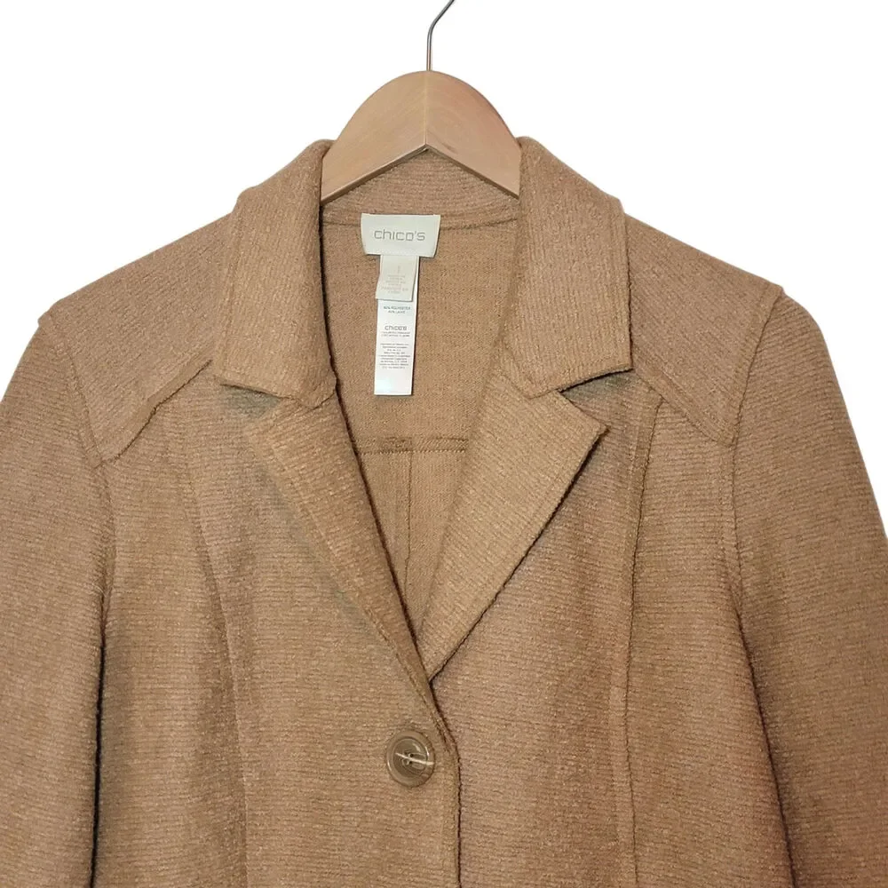 Chico's Wool Blend Tailored Blazer Jacket Button Front Camel Tan Size 1 Medium - Picture 2 of 14